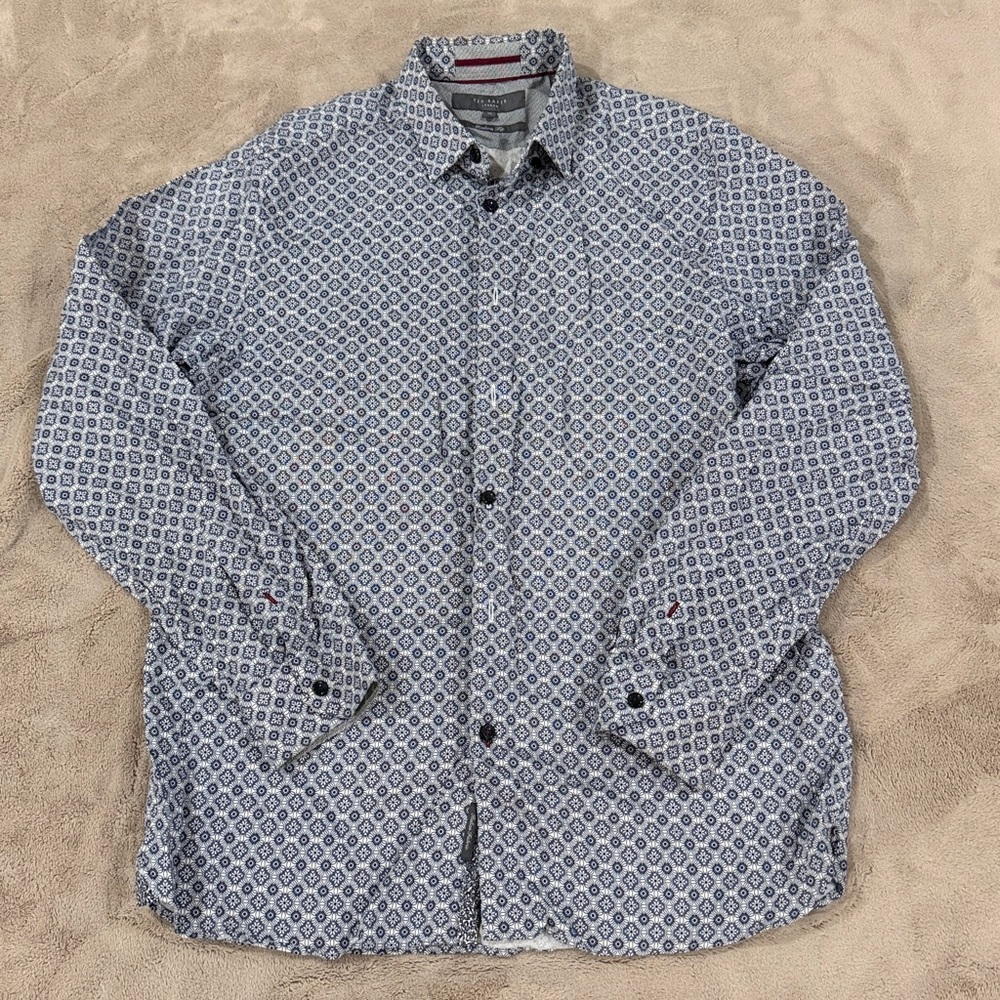 Ted Baker Navy Diamond Print Blue & White Button Down Dress Shirt
